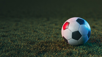 Copy space background with soccer ball on night stadium field, 3d rendering