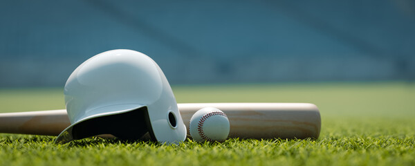 Background with baseball equipment and ball on stadium field, 3d rendering
