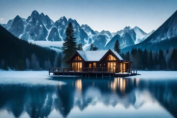 serene lakeside cabin surrounded by towering snow-capped mountains, with the tranquil water reflecting the majestic peaks and the clear winter sky