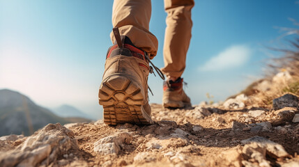 Close up of a of hiker , hiking up a mountain trail with one foot lifted off 