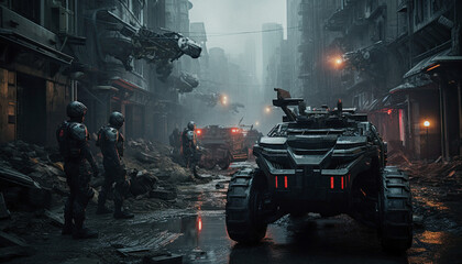 Futuristic Police Patrol in a Dystopian City: A scene of police officers patrolling a dystopian city landscape, with advanced armor and vehicles, all captured in a gritty, dramatic style 