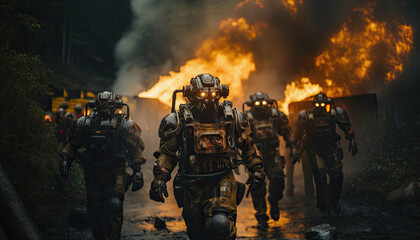 Naklejka premium skeleton Robots with advanced heat-resistant armor, moving close to fire lines to tackle intense flames that are hazardous for human firefighters