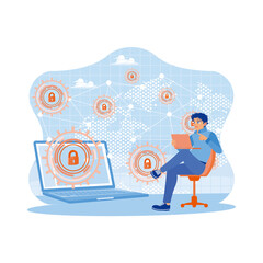 Business people use a laptop to access business data security. Data security icon on the laptop screen. Modern creative telecommunication concept. Trend Modern vector flat illustration