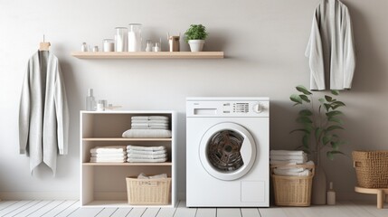 Laundry room interior style, washing machine with basket, white bookshelf and sink