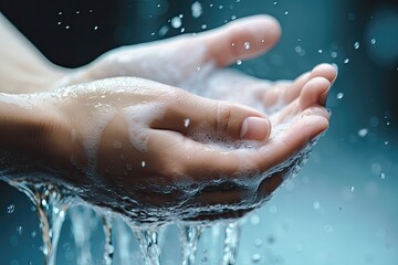 Fototapeta premium Hands cupping water, droplets splashing around, conveying a sense of freshness