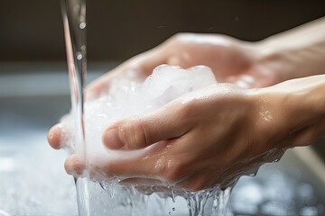 Hands washing under a running tap, soap suds visible around the fingers