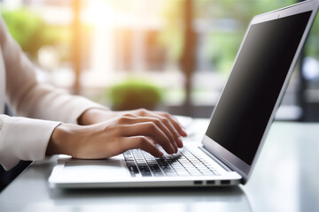 Businesswoman hands typing on laptop computer keyboard, surfing the internet at the office with copy space for web banner