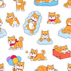 Cartoon kawaii Shiba Inu dog and puppy seamless pattern, vector background. Funny cute Shiba Inu dog pet playing with bone or star, sleeping on cloud bed or snoozing on pillow for kids pattern