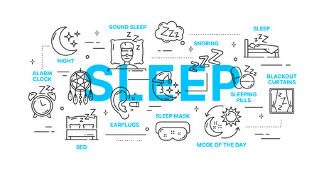 Sleeping infographics of healthy sleep and bedtime with vector outline icons. Sleeping and body rest thin line tips for earplugs, sleep mask or blackout curtains and alarm clock, snoring and snoozing - obrazy, fototapety, plakaty