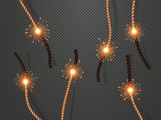 Bomb burning wicks, dynamite fuses. Explosion detonation timer, fireworks and firecracker isolated burning cord, bomb or dynamite 3d realistic vector flaming and sparkling fuses - obrazy, fototapety, plakaty