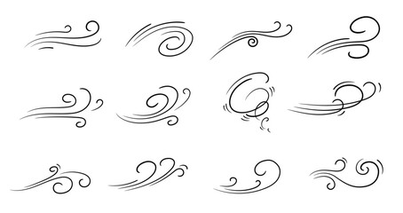 Doodle air wind motions, windy storm blows and hurricane flow waves and curls, vector icons. Wind cartoon effects in doodle line art, autumn wind blowing in speed motion, windy spiral clouds of breeze