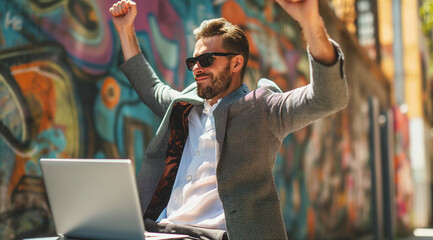 happy man in a suit and sunglasses raises his hands in excitement in front of a colorful graffiti...