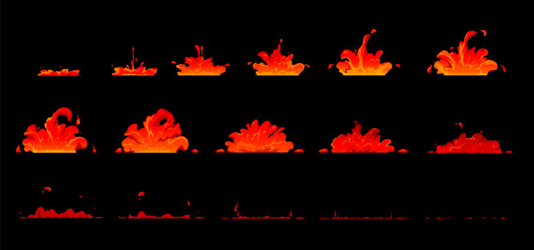 Fire lava animation, game sprite effect sheet, volcano magma. Volcanic eruption lava splash animation sequence frames, cartoon hot magma explosion burst or flow stages vector loop
