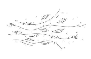 Wind air and doodle leaves motion. Leaves falling season hand drawn print, wind blowing line background or autumn windy weather linear vector backdrop. Air flow wave doodle monochrome outline pattern - obrazy, fototapety, plakaty