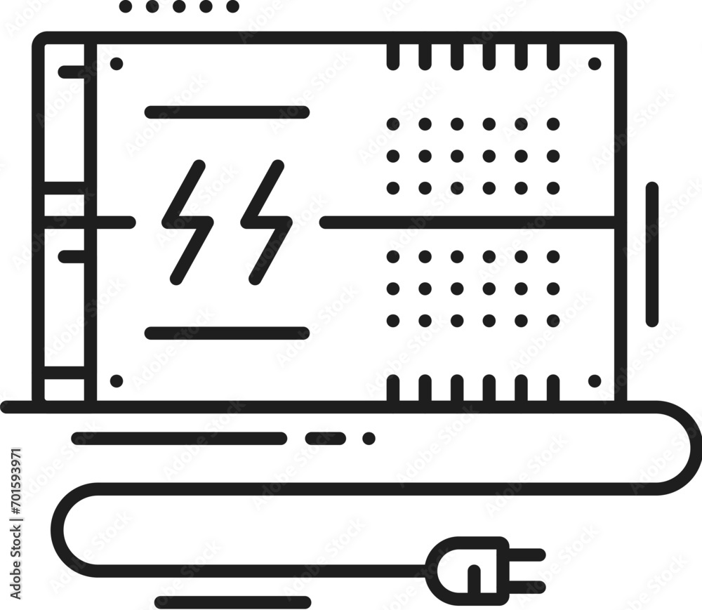 Aufkleber UPS power supply icon, computer PC hardware unit, vector line symbol. UPS power supply for computer and electronic devices, linear pictogram for electric power source or battery backup equipment