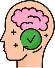 Clear your mind, mental health icon, symbolizing a state of clarity, peace, and balance within one thoughts and emotions. Isolated vector thin line sign of human head with brain and tick mark inside