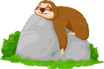 Cartoon funny sloth character resting on stone. Amazon rainforest animal, South America nature lazy mammal isolated vector funny mascot. Sloth comical personage lying and resting on rock © Vector Tradition