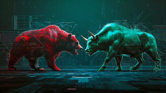 digital artwork depicts a red bear and a blue bull facing off, symbolizing the stock market trends, set against a futuristic, cybernetic background.