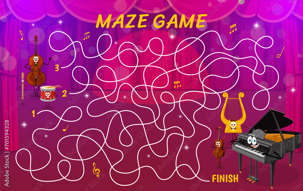 Poster labyrinth maze with cartoon musical instruments on the stage. help to instruments find friends vecto