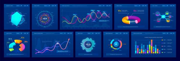 Dashboard data charts, graphs and info diagrams, vector infographics element. Presentation charts for finance report and business graphic charts, statistics bars, percent pies and flowchart diagrams - obrazy, fototapety, plakaty