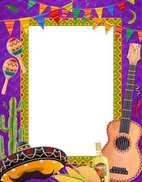 Cinco de Mayo Mexican holiday frame with sombrero, guitar and tequila, vector background. Mexican Cinco de Mayo fiesta border frame with maracas, taco and cactus or jalapeno pepper and maize corn
