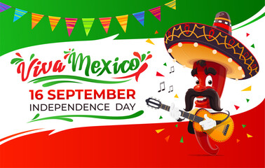 Fototapeta premium Viva Mexico, Mexican national independence day banner with red hot jalapeno pepper mariachi character play guitar. Join the fiesta of freedom, culture, and pride on this historic day of september 16th