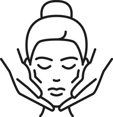 Facial massage icon for face care and cosmetology treatment or cosmetic skincare, line vector. Facial massage outline icon of woman face and hands for dermatology procedure on face lifting and beauty