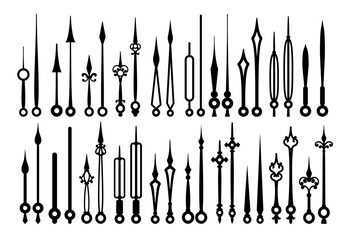 Vintage clock hands, old watch arrows or time pointers. Vintage clockwork minute hand or arm monochrome icon, classic hand watch pointer second or antique clock hour isolated vector arrows set