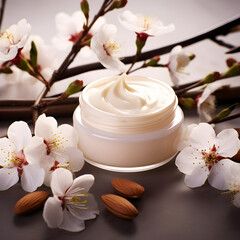 Fototapeta na wymiar Skin cream with Almond blossoms