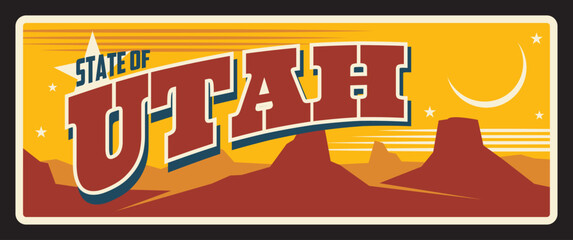 Fototapeta premium Utah state travel plate, USA travel souvenir of US Utah, Salt Lake City capital. Vector tourist destination, America region retro sign, old plaque with grand canyon, vintage typography