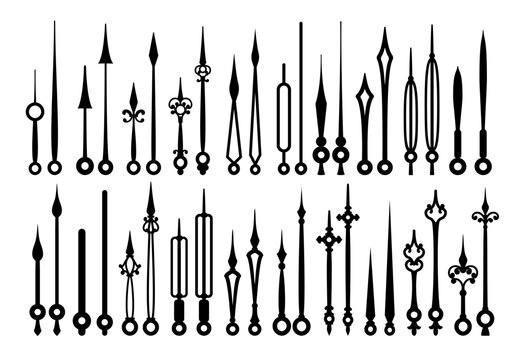 Vintage clock hands, old watch arrows or time pointers. Vintage clockwork minute hand or arm monochrome icon, classic hand watch pointer second or antique clock hour isolated vector arrows set