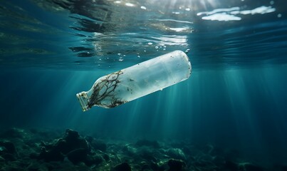 Environment Day, underwater photography plastic bottlle on the sea, theme environmental pollution - obrazy, fototapety, plakaty