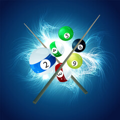 Billiard balls on a bright background with a cue.