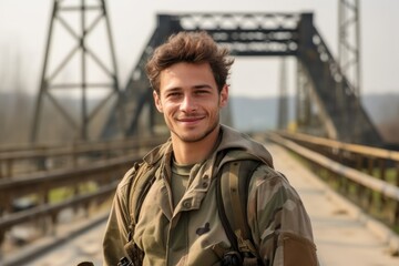 Portrait of a young handsome soldier standing in front of a bridge