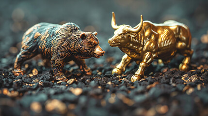 A golden bull and a dark bear face each other, ready to fight, symbolizing the struggle between rising and falling markets