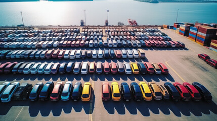 Aerial view new car lined up in the port for import and export business logistic to dealership for sale, Automobile and automotive car parking lot for commercial business industry. - obrazy, fototapety, plakaty