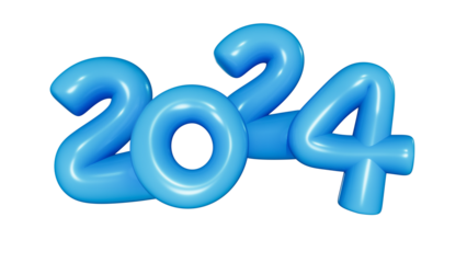 2024 blue balloons., 2024 blue foil balloons isolated over clear background. 3D rendering.,Object render 3d ballon with ribbon.