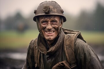 Portrait of a man in a military uniform in the rain.