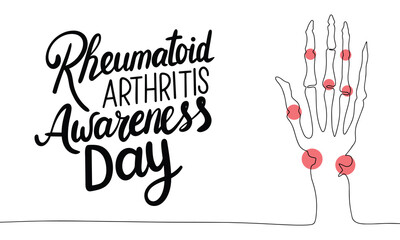 Rheumatoid Arthritis Awareness Day text banner. Handwriting text Rheumatoid Arthritis Awareness Day with line art skeleton hand. Hand drawn vector art
