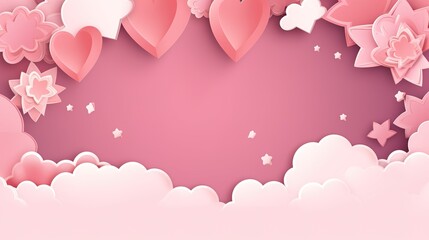 Happy Saint Valentine's day card, horizontal banner with paper cut clouds and holiday objects on pink background. Glittering hearts, stars and flowers. Place for text. Generative Ai