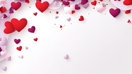 Happy valentine's day background with border frame with falling 3d hearts, red and purple colored hearts on white background with place for text. Generative Ai - obrazy, fototapety, plakaty