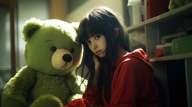 anime girl with teady bear head in background