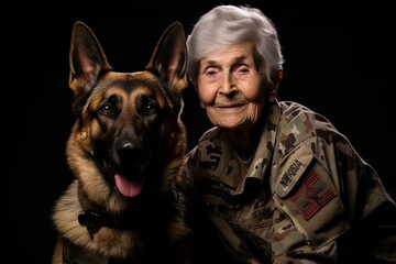Portrait of an elderly woman with a dog on a black background