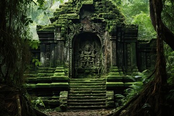 Mysterious ruins of Ta Prohm temple in Angkor Wat, Cambodia, AI Generated - obrazy, fototapety, plakaty