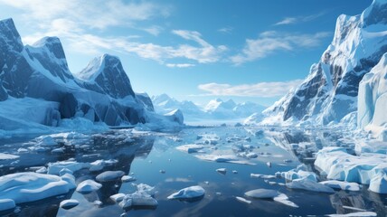 Fototapeta na wymiar Winter Landscape: Frozen Glacier and Snowy Mountains with Blue Sky