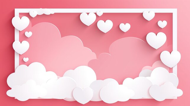 Happy Valentine's day poster or voucher. Beautiful paper cut white clouds with white heart frame on pink background. Vector illustration. Papercut style. Place for text. Generative Ai
