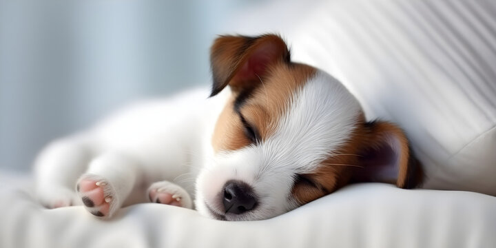 View of cute dog sleeping peacefully at home, Jack russell terrier puppy lying down. 
