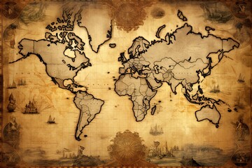 Fototapeta premium Vintage map of the world on the old paper background. Sepia tone, AI Generated