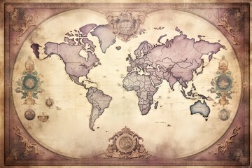 Old map of the world in grunge style on a vintage background, AI Generated
