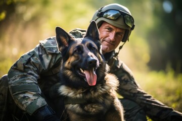 Soldier in military uniform and helmet with German shepherd dog on nature.